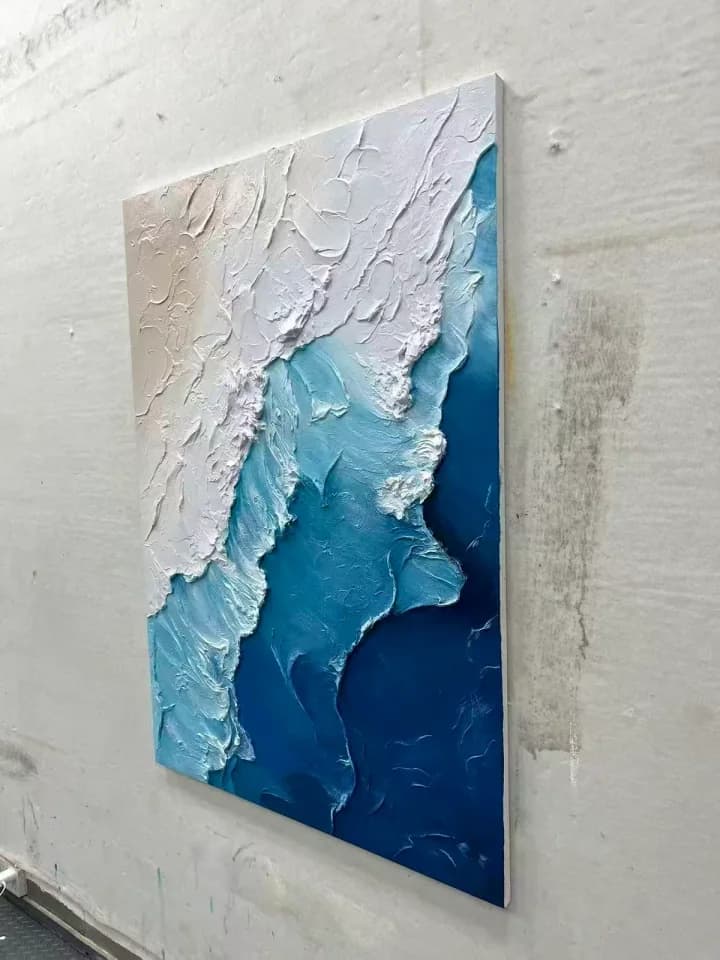 Blue and white textured artwork showing palette-knife depth