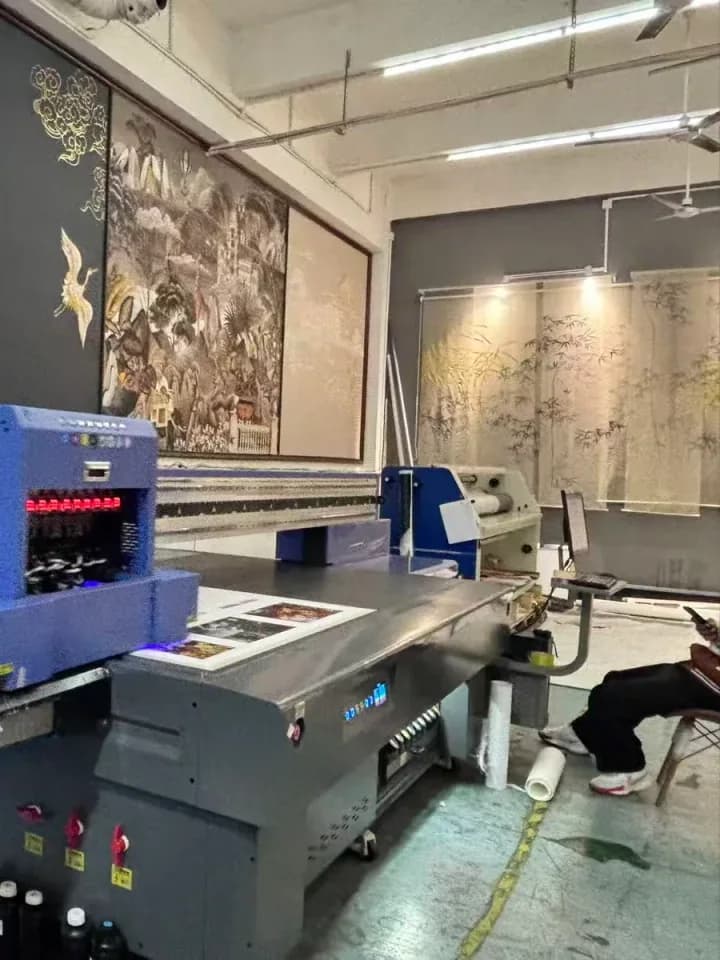 Large-format art printing equipment inside the DEWANG production workshop