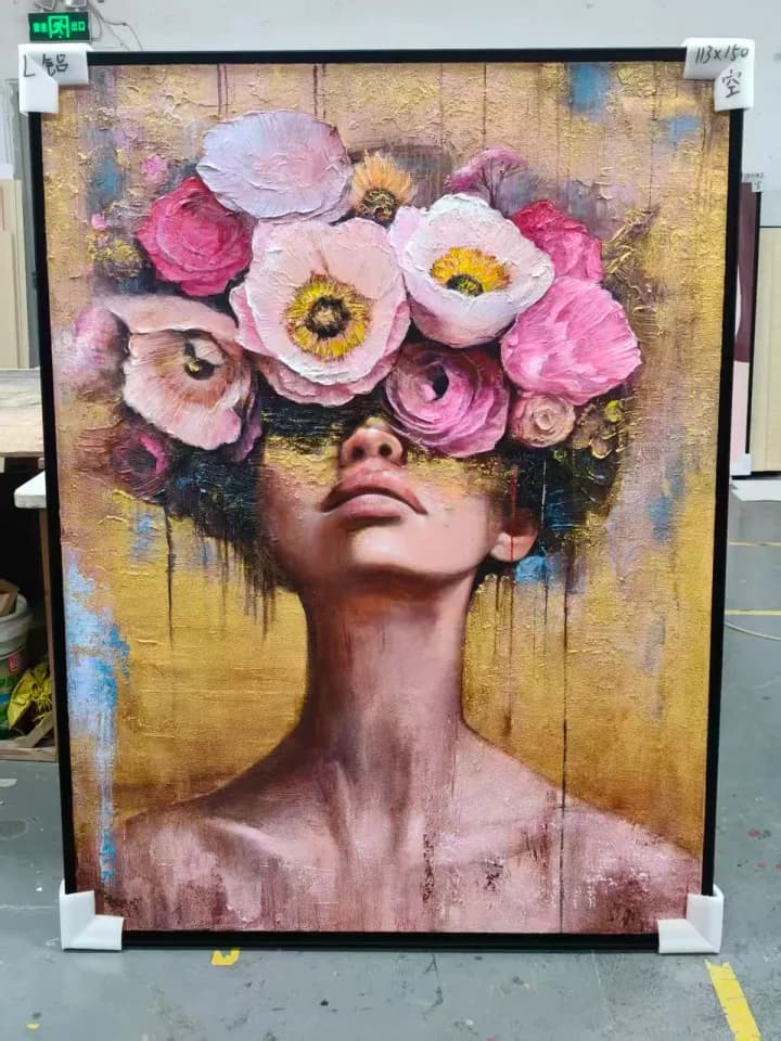 Framed floral portrait artwork ready for final inspection