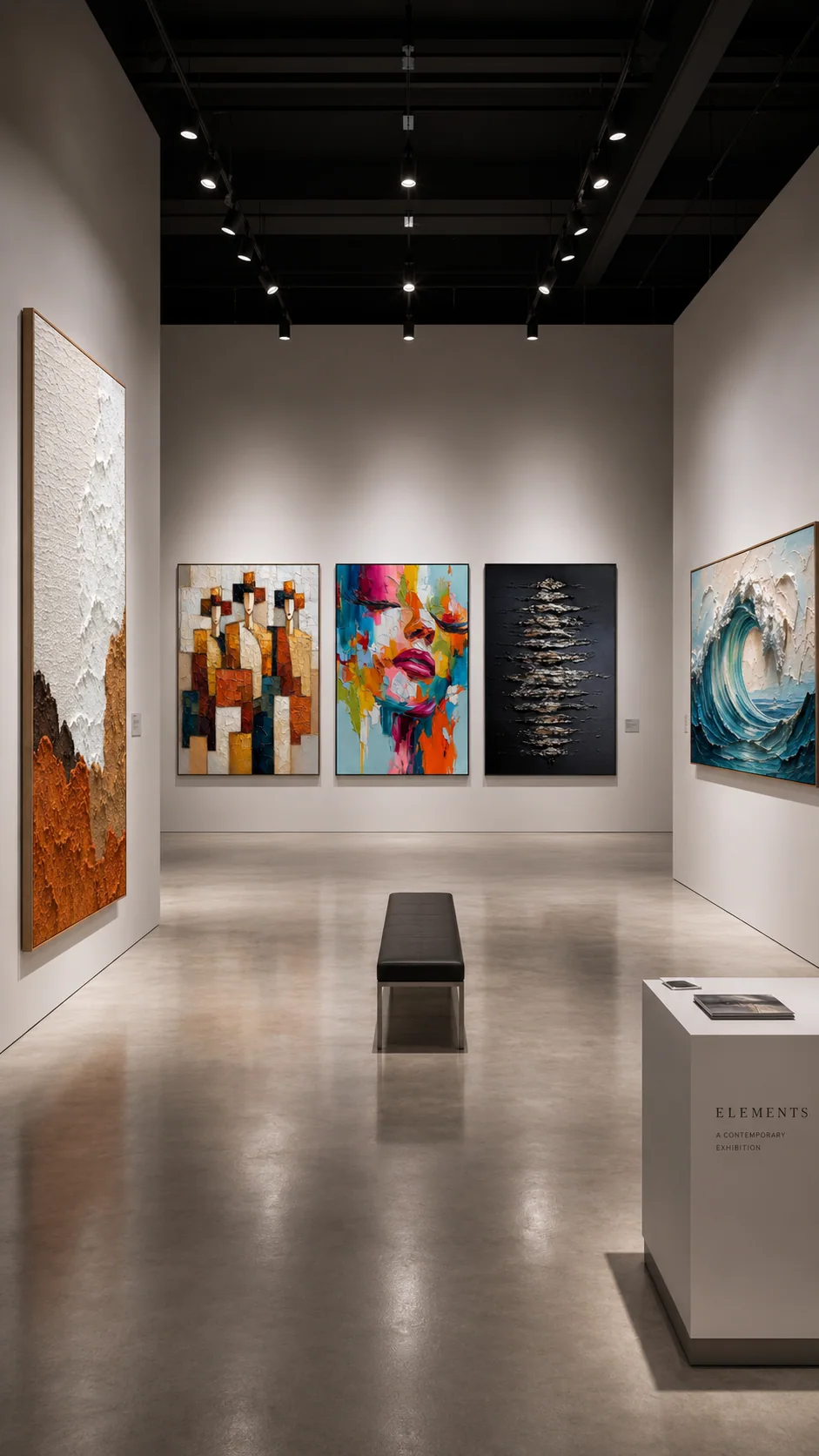 Contemporary textured wall art displayed in a modern gallery and retail exhibition space