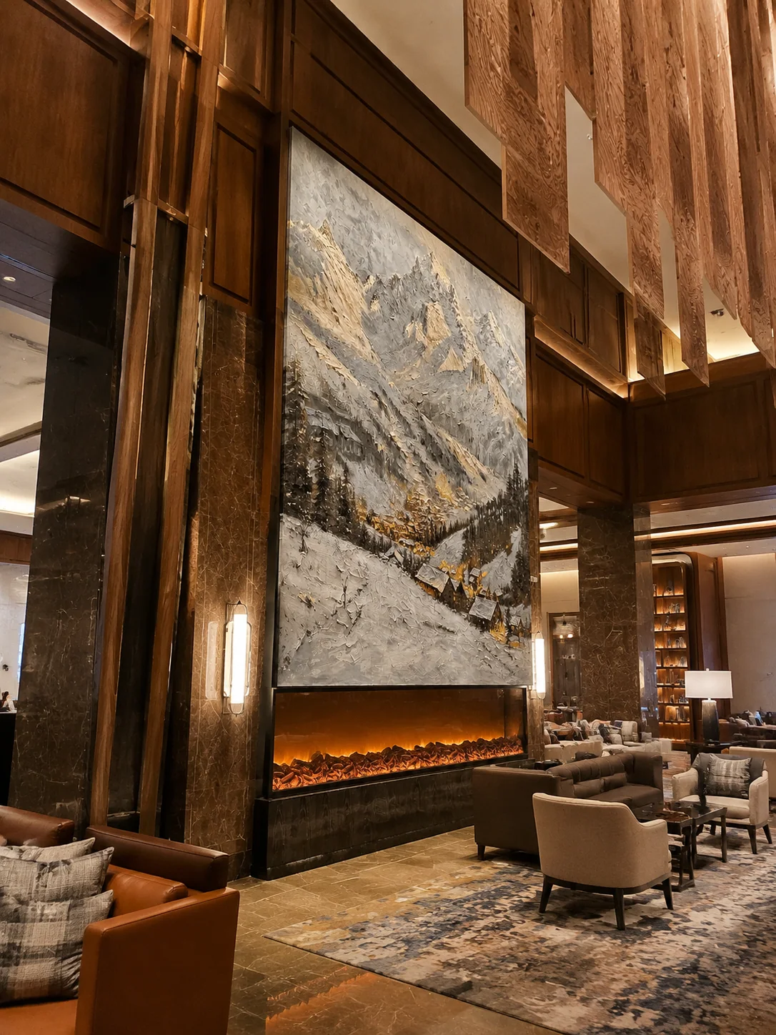 Side view showing the scale and hand-painted texture of the hotel lobby mountain artwork