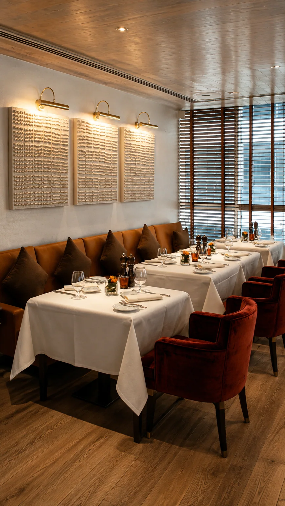 Textured wall art panels installed in a warm restaurant and club interior