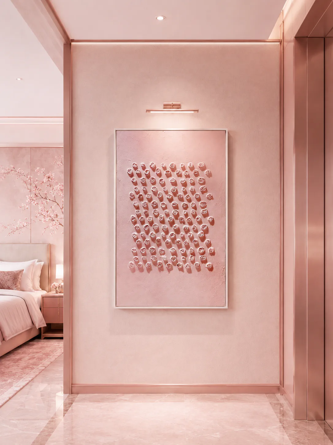 Heritage Rose Chinese Heritage Silkscreen Art shown in an interior